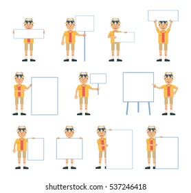 Big set of tourist characters posing with different blank banners. Cheerful tourist holding paper, poster, placard, pointing to whiteboard. Teach, advertise, promote. Flat style vector illustration