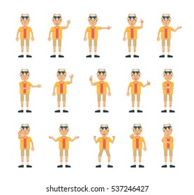 Big set of tourist characters showing different hand gestures. Cheerful tourist showing stop sign, thumb up, pointing, waving, greeting and other hand gestures. Flat style vector illustration