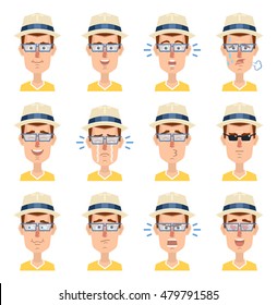Big set of tourist emoticons. Man avatars showing different emotions. Happy, sad, laugh, smile, cry, angry, think, love, kiss and other facial expressions. Flat style vector illustrations