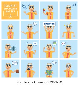 Big set of tourist icons showing different actions, emotions, gestures. Cheerful tourist karaoke singing, dancing, holding banner, loudspeaker and doing other actions. Flat vector illustration