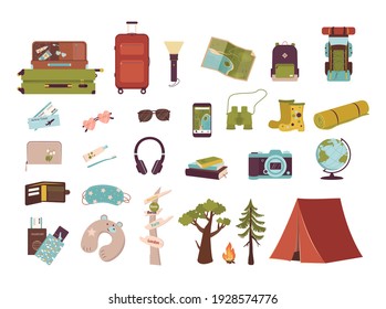 Big set of tourist items for vacation. Luggage icons for travel and hike. A collection of objects and accessories for outdoor recreation and journey around the world. Vector flat illustration