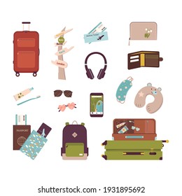 Big set of tourist items for vacation. Luggage icons for travel and hike. A collection of objects and accessories for outdoor recreation and journey around the world. Vector flat illustration