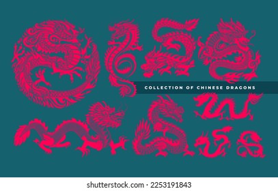 Big set of traditional Chinese Dragon. black asian dragons. Happy Chinese New Year 2024 year of the dragon zodiac sign with asian elements black and white paper cut style. Vector Illustration.