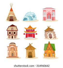 Big set of traditional houses from around the world. Buildings icon set. Vector illustration