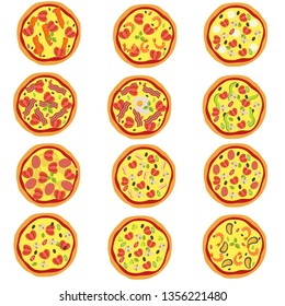 Big set of traditional italian pizza in flat style. Vector illustration.