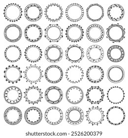 Grande conjunto de círculos tribais tradicionais desenhado à mão moldura. Elementos vetoriais circulam elementos para design em estilo étnico