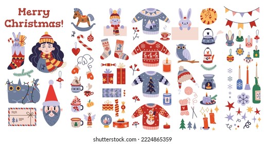 Big set of traditional winter holidays symbols. Collection of New Year and Christmas attributes, cartoon style. Xmas decorations, characters, toys and gifts. Trendy vector illustration, flat 