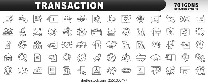 Big set of transaction related line icons. Payment, money, transfer, online etc. Editable stroke