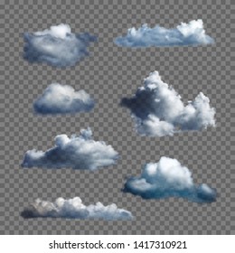 Big set of transparent clouds. Realistic design elements. Template for cloudly background. Vector illustration.