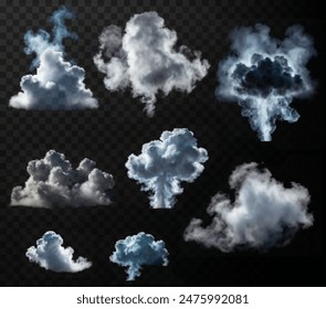 Big set of transparent clouds. Vector isolated smoke PNG. White smoke texture on a transparent black background. Special effect of steam, smoke, fog, clouds.	