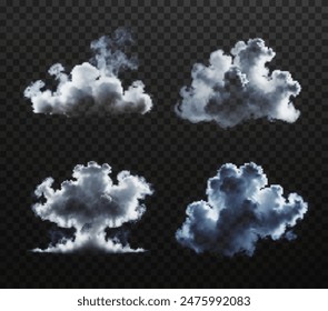 Big set of transparent clouds. Vector isolated smoke PNG. White smoke texture on a transparent black background. Special effect of steam, smoke, fog, clouds.	