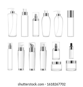 Big set of transparent cosmetic bottles and containers with silver caps and pumps. Vector