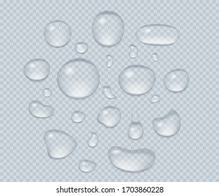 Big set of transparent drops of water. Pure clear water drops. Isolated on transparent background. Realistic style. Vector illustration.