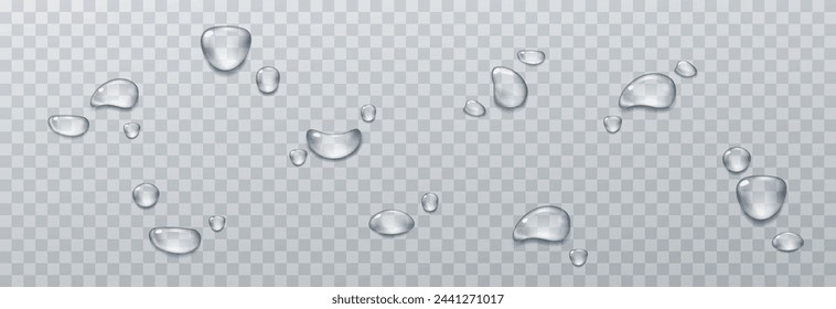 Big set of transparent drops of water. Pure clear water drops. Isolated on transparent background. Realistic style. PNG drops, condensation on the window, on the surface. Vector illustration.