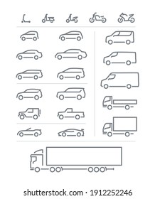 Big Set Of Transport Icons, Outline Silhouette, Motorcycles, Passenger Cars, Delivery Transport 