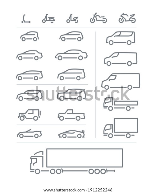 Big set of transport icons,\
outline silhouette, motorcycles, passenger cars, delivery transport\
