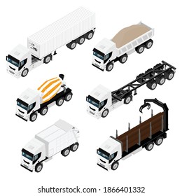 Big set of transport. Special machines for the construction work. Сoncrete cement mixer truck, logging truck, truck with container and dump truck. Commercial Vehicles