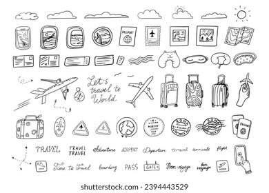 Big set of travel elements. Hand drawn. Suitcase, baggage, plane, fly, ticket, postcard, flight, boarding pass, clouds,view from an airplane window, postage stamp, passport stamp, passport, route.