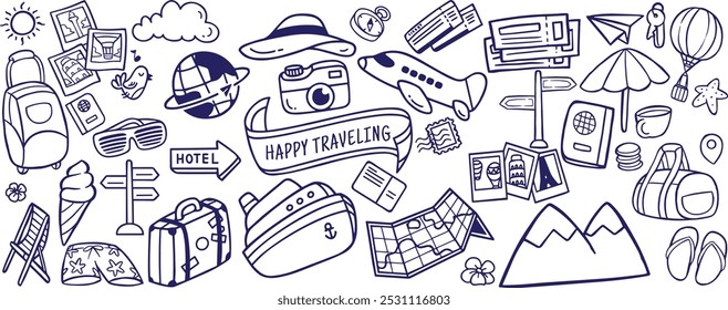 Big set of travel elements. Hand drawn. Suitcase, baggage, plane, fly, ticket .