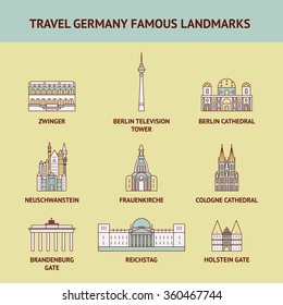 Big set of Travel Germany famous landmarks : Frauenkirche, Berlin Television Tower,  Brandenburg Gate, Neuschwanstein, Reichstag,  Cologne Cathedral,  Zwinger,  Berlin Cathedral,  Holstein gate