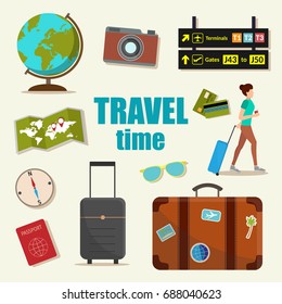 Big set of travel and outdoor flat vector illustration objects