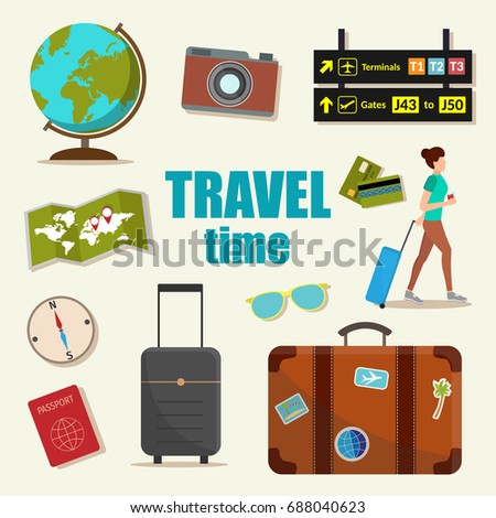 Big set of travel and outdoor flat vector illustration objects