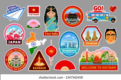 Big Set Of Travel Stickers Of The Asia. Taiwan, Vietnam, Japan, Republic Of Korea,  Singapore, Bahrain, India. Famous Monuments, Architecture, Buildings, Places, Symbols. Vector Flat Illustration