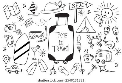 Big set of the traveling hand drawn doodle icons. Summertime, traveling concept. Line art. Vector illustration.