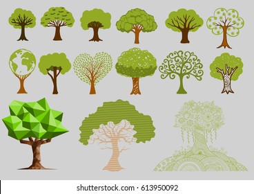 Big set of tree icons for design element, ecological concept. 22 March international earth day. Stock Vector