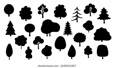 Gran conjunto de siluetas de árboles aislados sobre fondo blanco. Icono de árbol o Ilustración vectorial de logotipo
