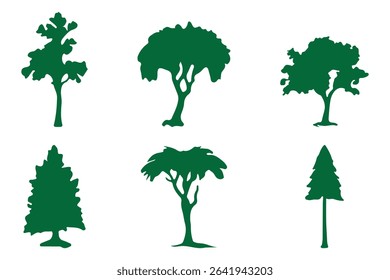 Big set of tree silhouettes. Trees of different natural zones, vector illustration.