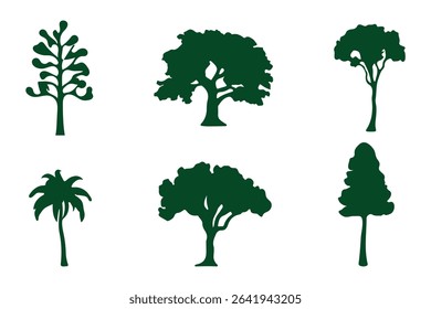Big set of tree silhouettes. Trees of different natural zones, vector illustration.