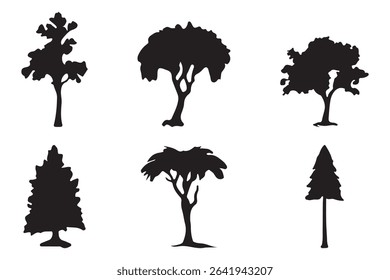 Big set of tree silhouettes. Trees of different natural zones, vector illustration.
