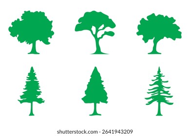 Big set of tree silhouettes. Trees of different natural zones, vector illustration.