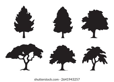 Big set of tree silhouettes. Trees of different natural zones, vector illustration.