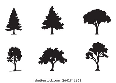 Big set of tree silhouettes. Trees of different natural zones, vector illustration.