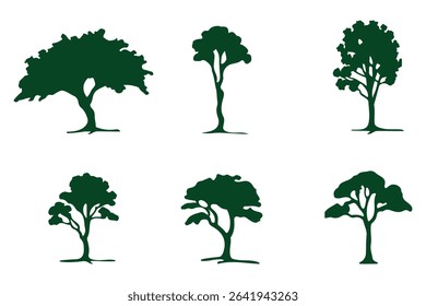 Big set of tree silhouettes. Trees of different natural zones, vector illustration.
