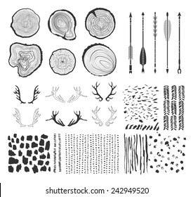 Big Set with  tree-rings, arrows, antlers and Hand Drawn textures made with ink. Vector graphics.