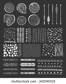 Big Set with  tree-rings, arrows  and Hand Drawn textures made with ink. Vector graphics.