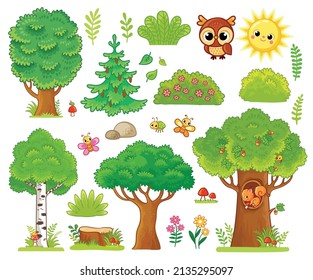 Big set with trees animals and insects. Vector collection of illustrations in cartoon style.
