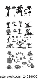 Big Set of trees asset for old map. Fantasy landscape elements for jungle. Ink drawing, engraving or line art, vector. Collection willow, bush, dry tree, baobab and palms. Objects swamp stump and