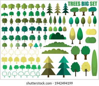 Big set of trees and bushes on a white background. Vector trees.