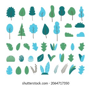 Big set of trees. Plants, trees, tropical leaves collection vector. Branches, bushes, fir signs. Jungle nature elements. 