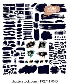 Big Set of trend paint, ink brush strokes, brushes, lines, grungy. Dirty artistic design elements, boxes, frames. Collection of vector illustration. Isolated on white background. Freehand drawing.