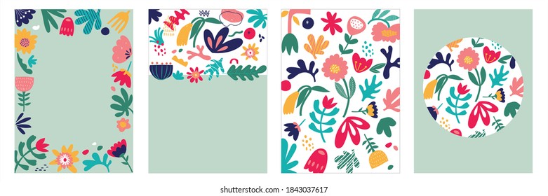 Gran juego de fondo a la moda Resumen con flores variadas, plantas exóticas y patrones de formas geométricas. Dibujaron a mano varias formas y objetos de garabatos. Resumen de ilustración vectorial contemporánea.