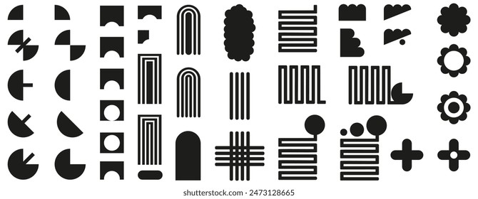 Big set of Trendy Abstract Geometrical Shapes collection isolated white background. Minimal black Brutal contemporary icon set. Swiss aesthetic vector illustration.