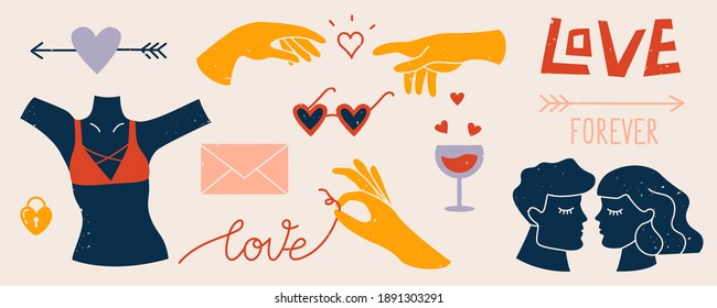 Big set of trendy abstract love elements. Decorative collection of hand drawn romantic illustrations: couple, touching hands, hearts, lettering, arrows, sunglasses. Isolated colorful flat vector