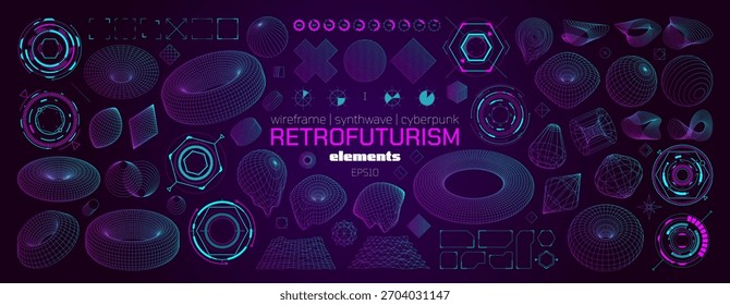 Big set trendy elementos cyberpunk e retrofuturismo, Pós-moderno abstrato geométrico wireframe e formas de vaporwave de diferentes formas, Vetor ativos gráficos kit estilo futurista, kit HUD