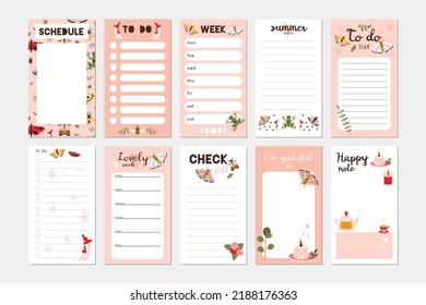 Big set of trendy editable planner, schedule, check list, gratefut list, to do and places for note. Vector stock illustration, cartoon style.  Cute templates for Instagram stories, bullet journal page