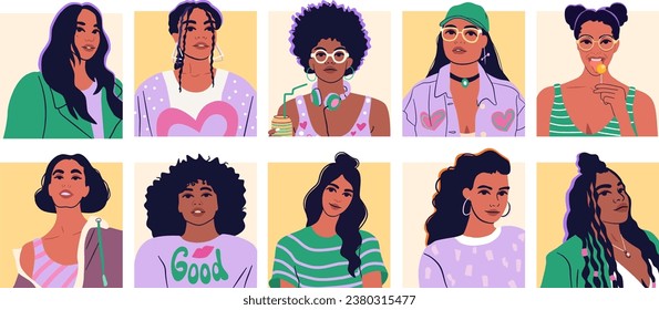 Big set of trendy female avatars. Diverse women vector portraits in groovy style. Girl power concept. 